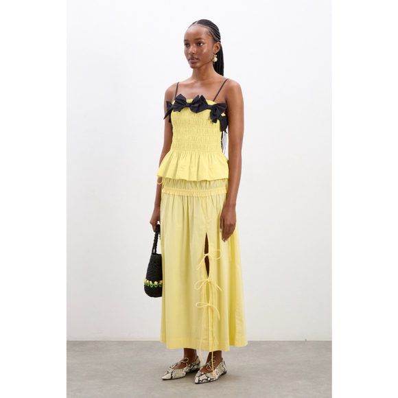 Damson Madder Bea Yellow Black Women's Bow Cami Peplum Organic Cotton UK 12 US 8 - Picture 3 of 13